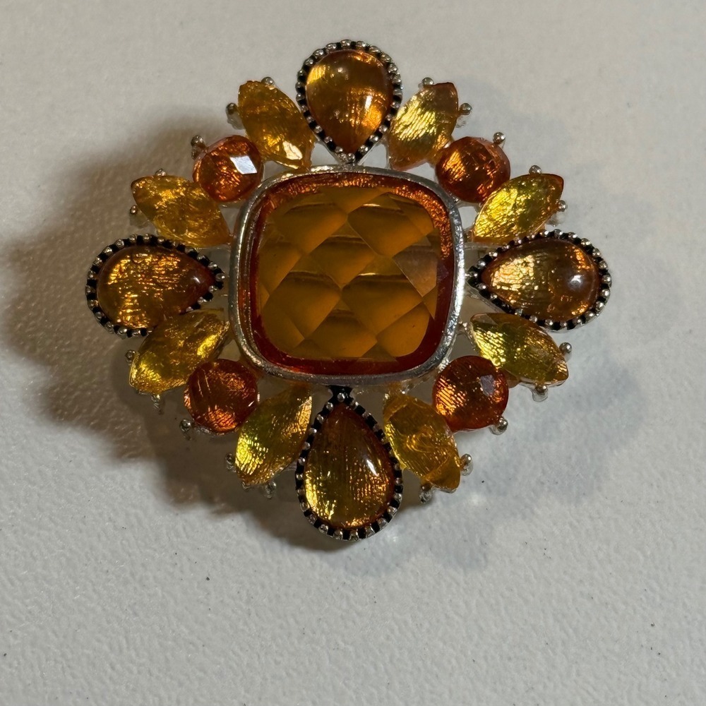 Vintage Amber Rhinestone Floral Brooch Pin Silver Tone Costume Jewelry